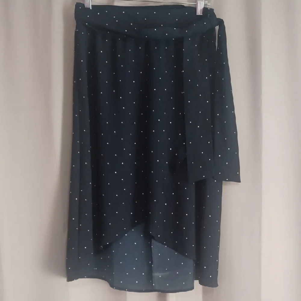 Loft Navy And White Polka Dot Faux Wrap Midi Skirt Removeable Fabric Belt Petite